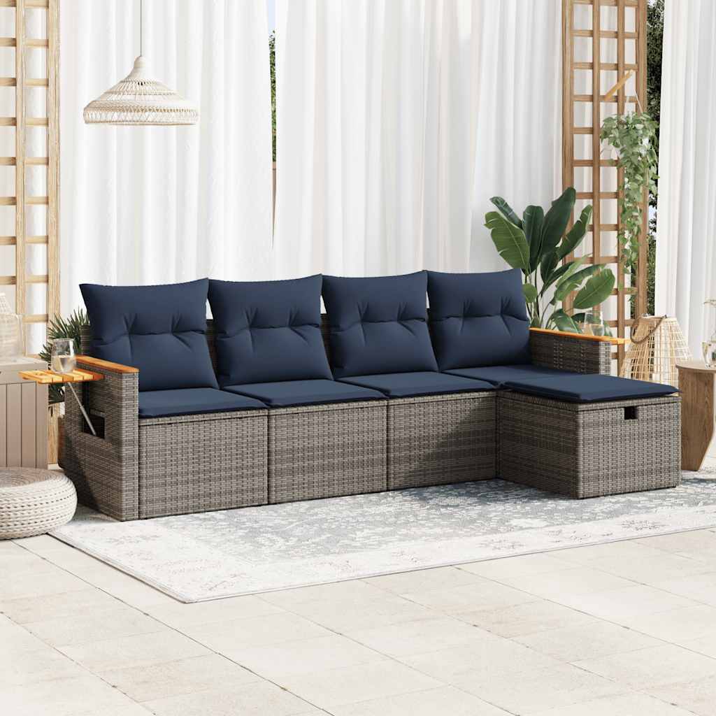 Sofasæt i polyrattan - 5 dele med opbevaring og hynder, grå/marineblå