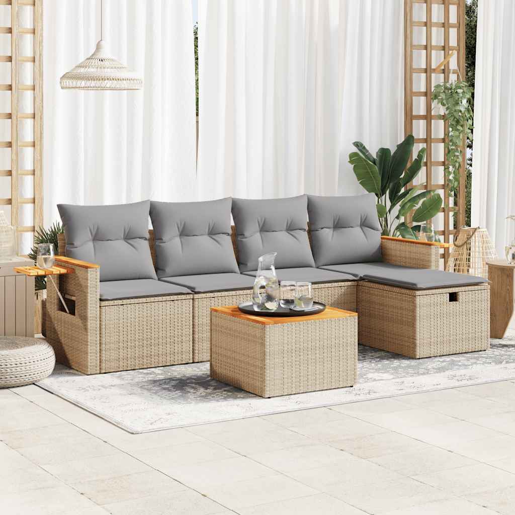 vidaXL 6-tlg. Garten-Sofagarnitur mit Kissen Beige Poly Rattan