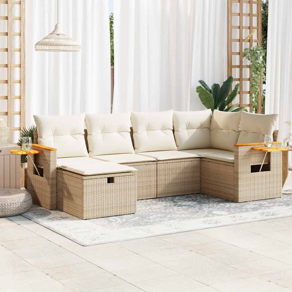 6-tlg. Garten-Sofagarnitur mit Kissen Beige Poly Rattan