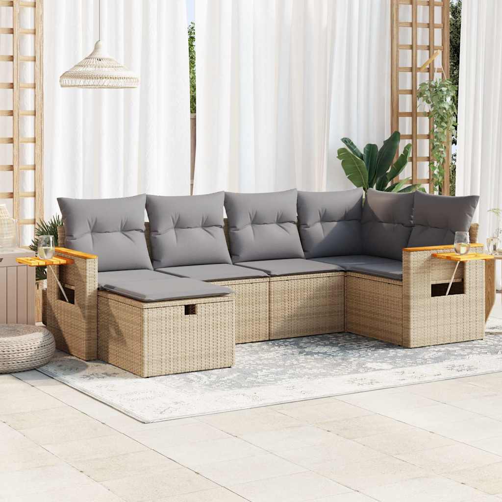 vidaXL 6-tlg. Garten-Sofagarnitur mit Kissen Beige Poly Rattan