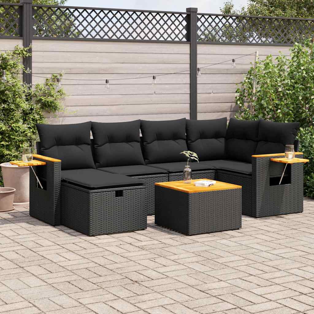 vidaXL 7-tlg. Garten-Sofagarnitur mit Kissen Schwarz Poly Rattan