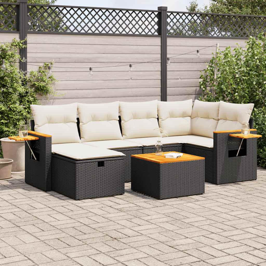 vidaXL 7-tlg. Garten-Sofagarnitur mit Kissen Schwarz Poly Rattan