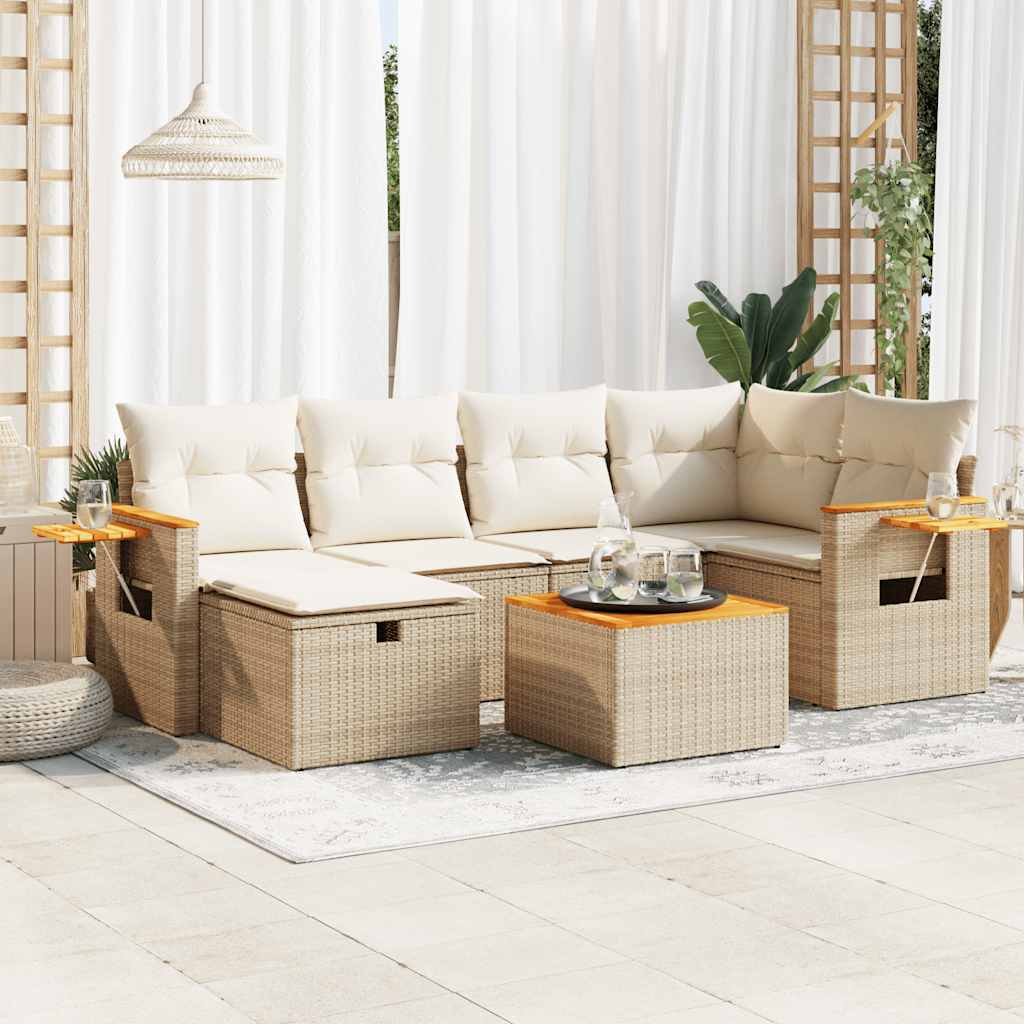 7-tlg. Garten-Sofagarnitur mit Kissen Beige Poly Rattan