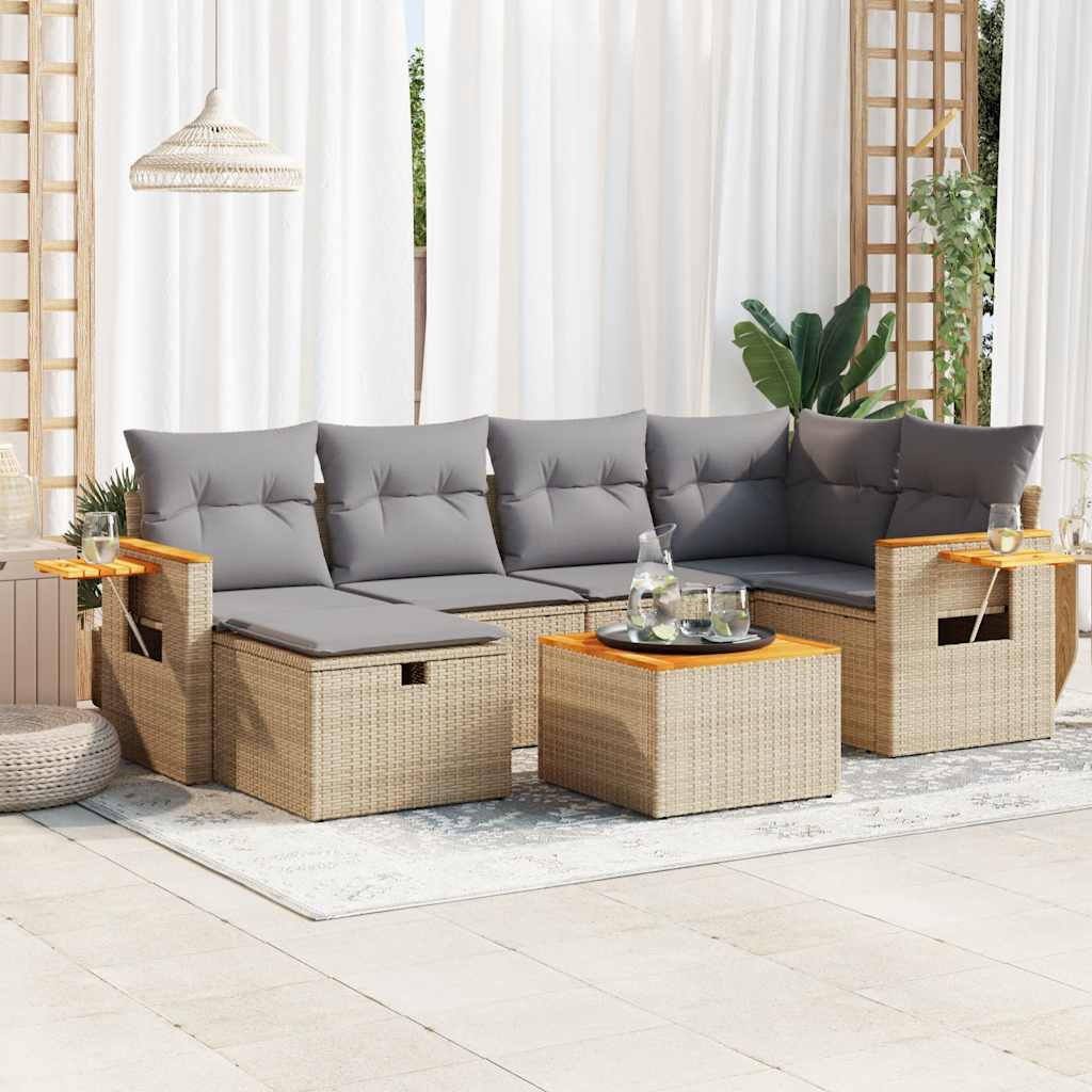 vidaXL 7-tlg. Garten-Sofagarnitur mit Kissen Beige Poly Rattan