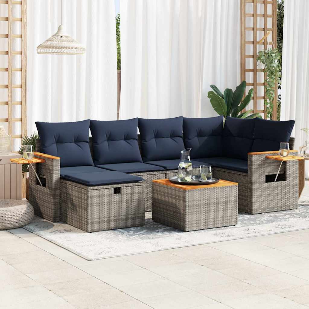 vidaXL 7-tlg. Garten-Sofagarnitur mit Kissen Grau Poly Rattan