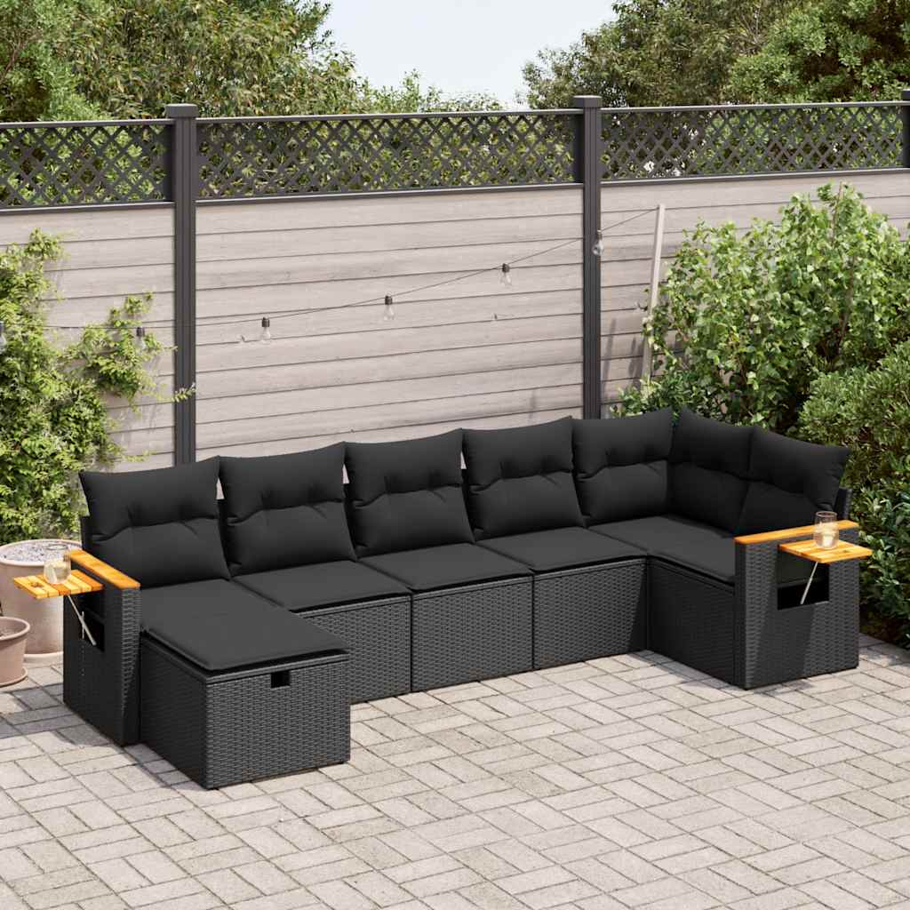 vidaXL 7-tlg. Garten-Sofagarnitur mit Kissen Schwarz Poly Rattan