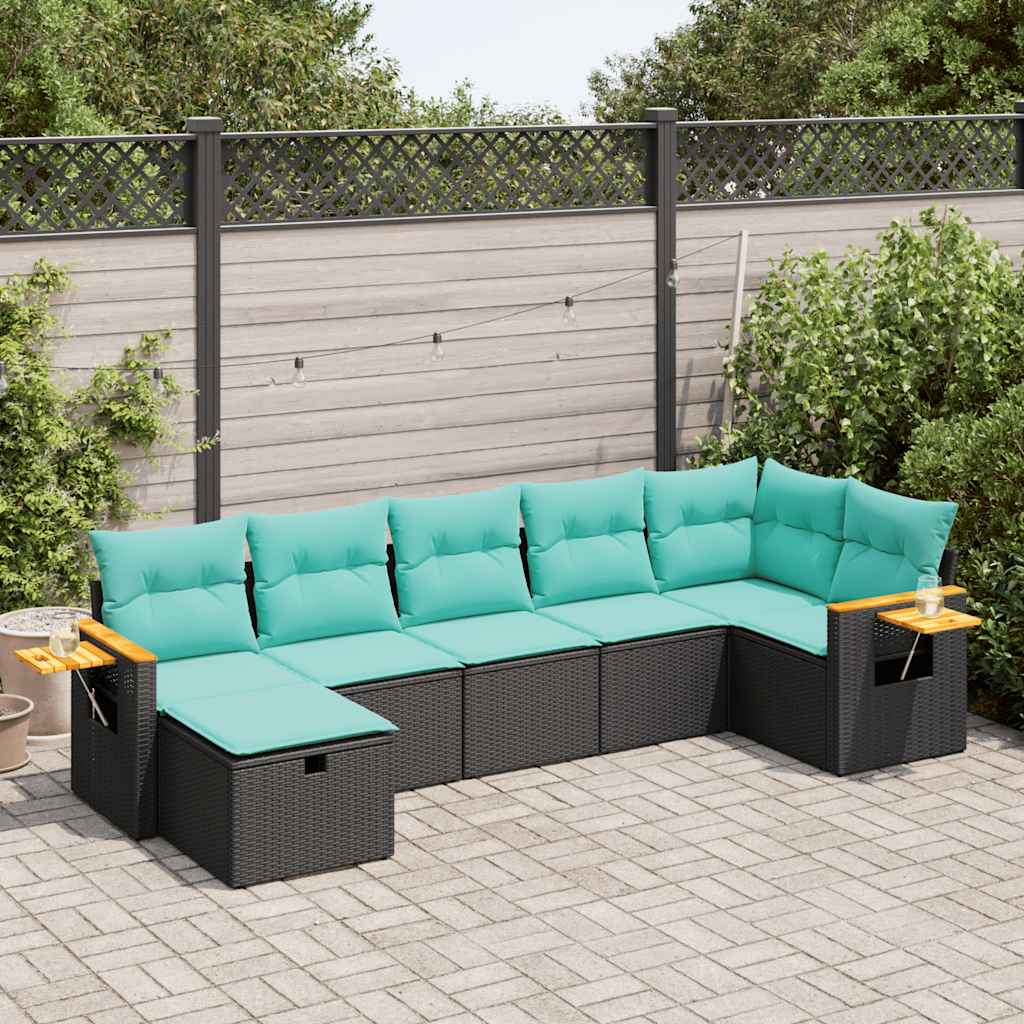 vidaXL 7-tlg. Garten-Sofagarnitur mit Kissen Schwarz Poly Rattan