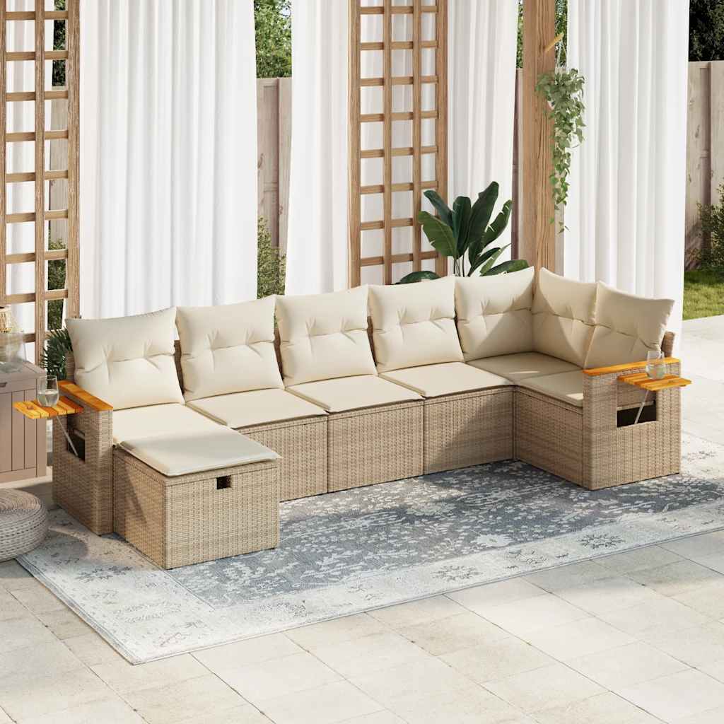 7-tlg. Garten-Sofagarnitur mit Kissen Beige Poly Rattan