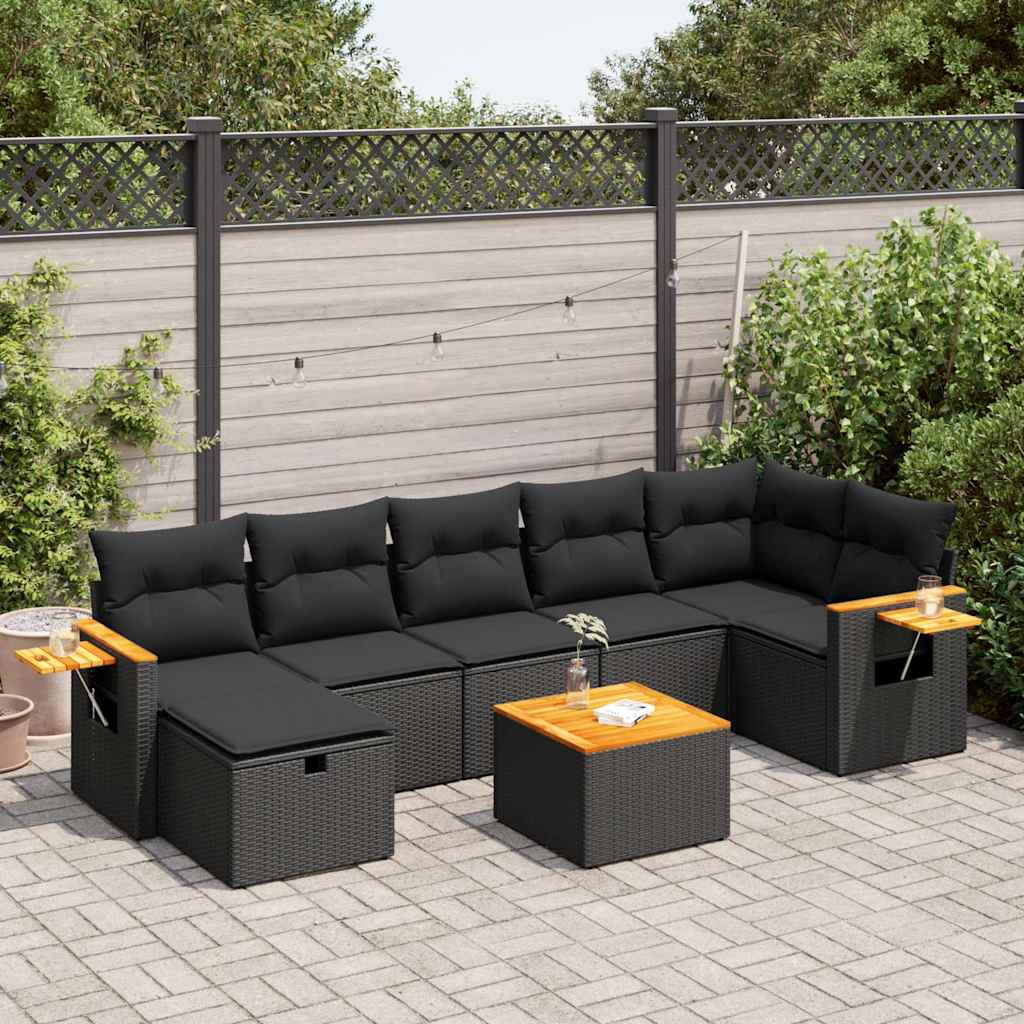 8-tlg. Garten-Sofagarnitur mit Kissen Schwarz Poly Rattan