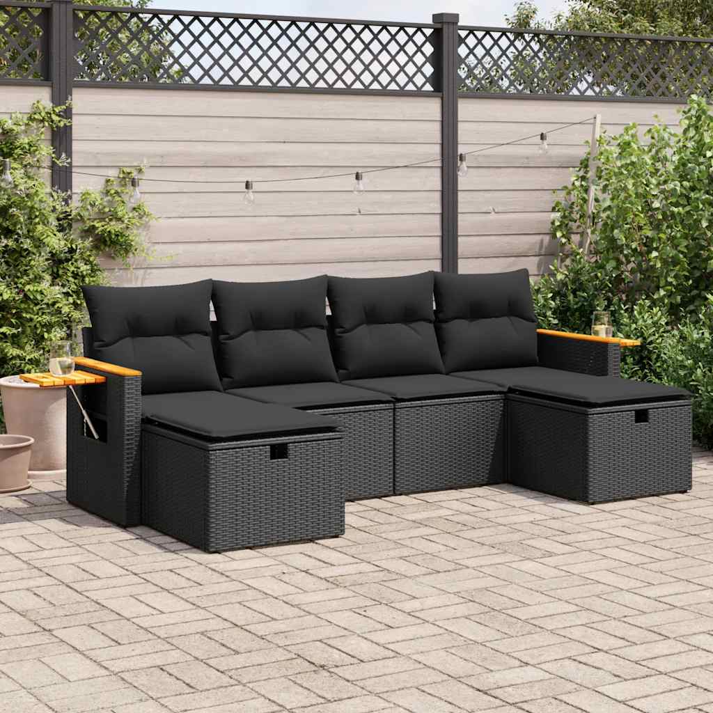 vidaXL 6-tlg. Garten-Sofagarnitur mit Kissen Schwarz Poly Rattan