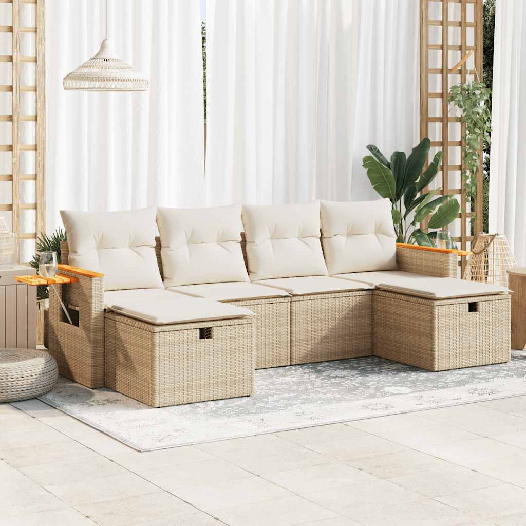 6-tlg. Garten-Sofagarnitur mit Kissen Beige Poly Rattan