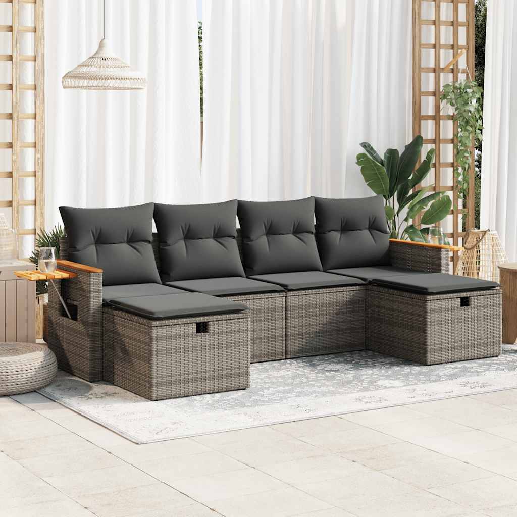 6-tlg. Garten-Sofagarnitur mit Kissen Grau Poly Rattan