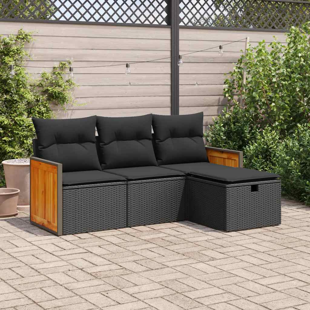 vidaXL Set mobilier de grădină cu perne, 4 piese, negru, poliratan