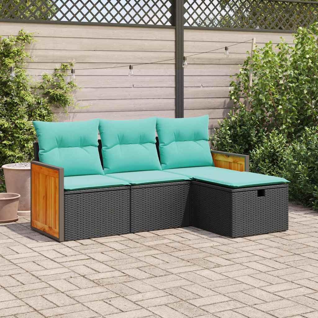 vidaXL Set mobilier de grădină cu perne, 4 piese, negru, poliratan