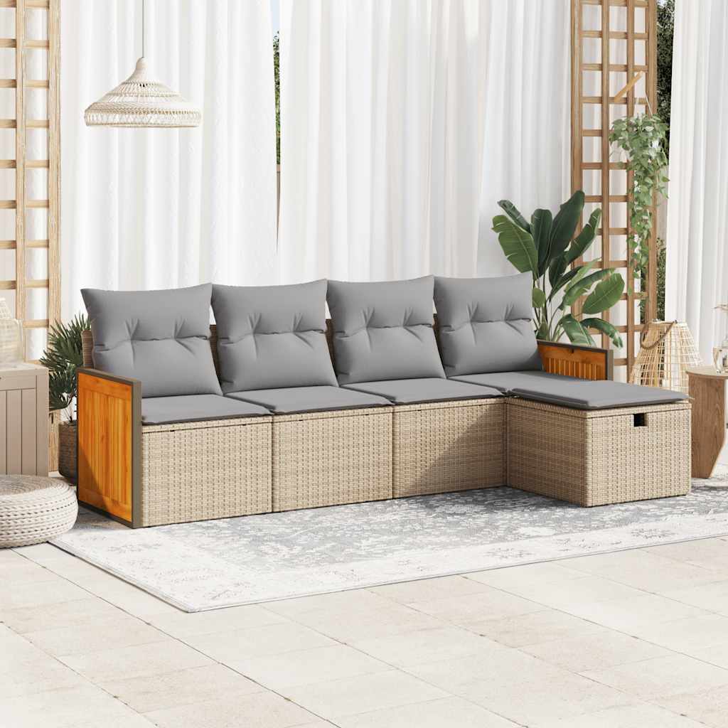 5-tlg. Garten-Sofagarnitur mit Kissen Beige Poly Rattan