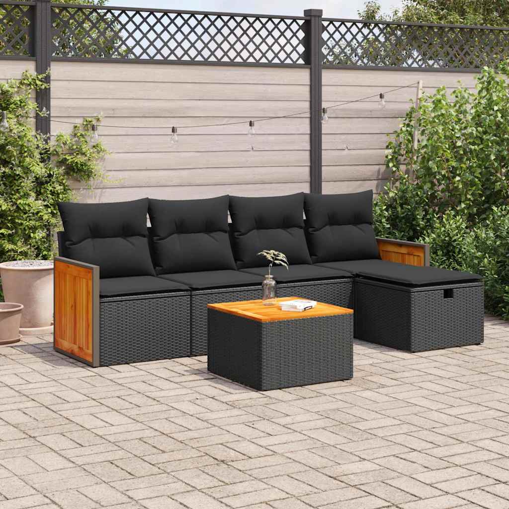 vidaXL 6-tlg. Garten-Sofagarnitur mit Kissen Schwarz Poly Rattan