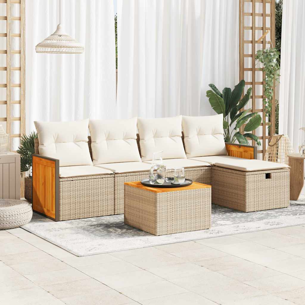 6-tlg. Garten-Sofagarnitur mit Kissen Beige Poly Rattan