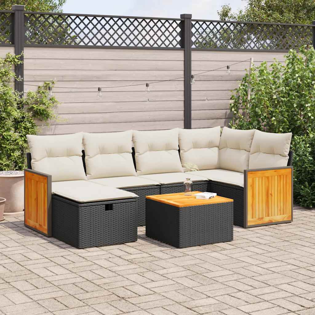 vidaXL 7-tlg. Garten-Sofagarnitur mit Kissen Schwarz Poly Rattan