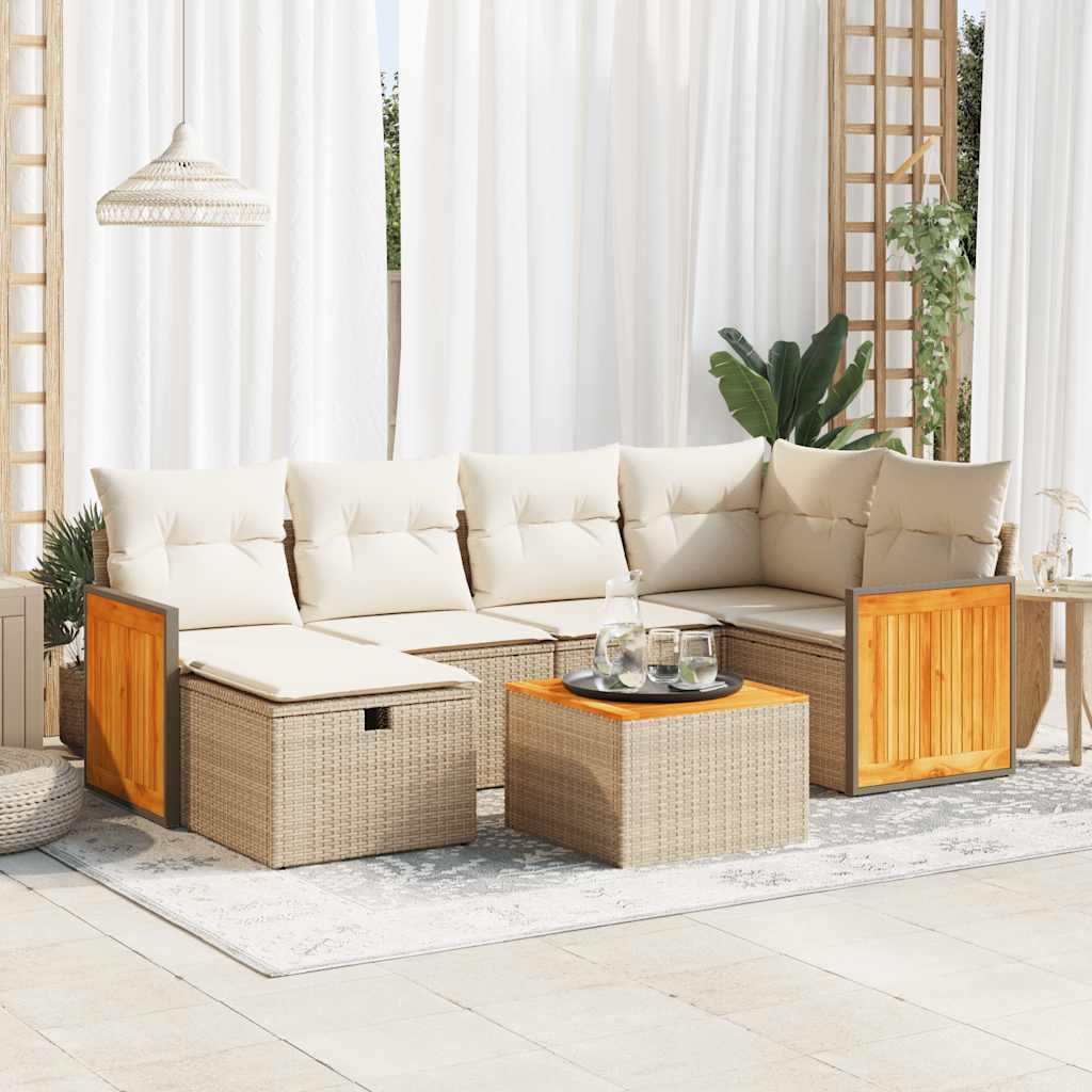 7-tlg. Garten-Sofagarnitur mit Kissen Beige Poly Rattan