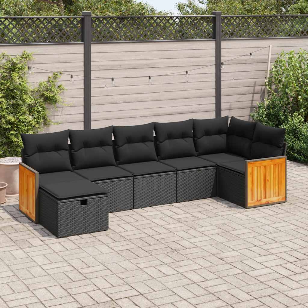 vidaXL 7-tlg. Garten-Sofagarnitur mit Kissen Schwarz Poly Rattan