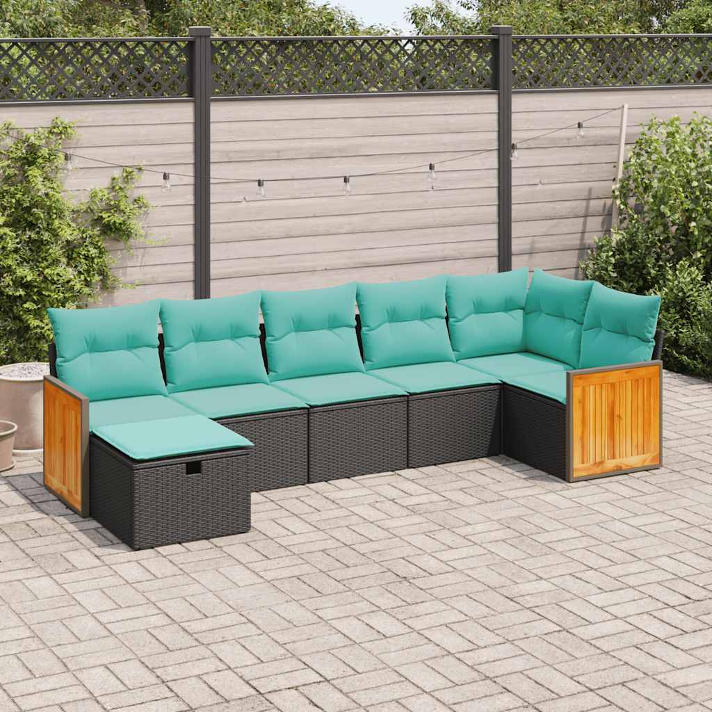 vidaXL 7-tlg. Garten-Sofagarnitur mit Kissen Schwarz Poly Rattan