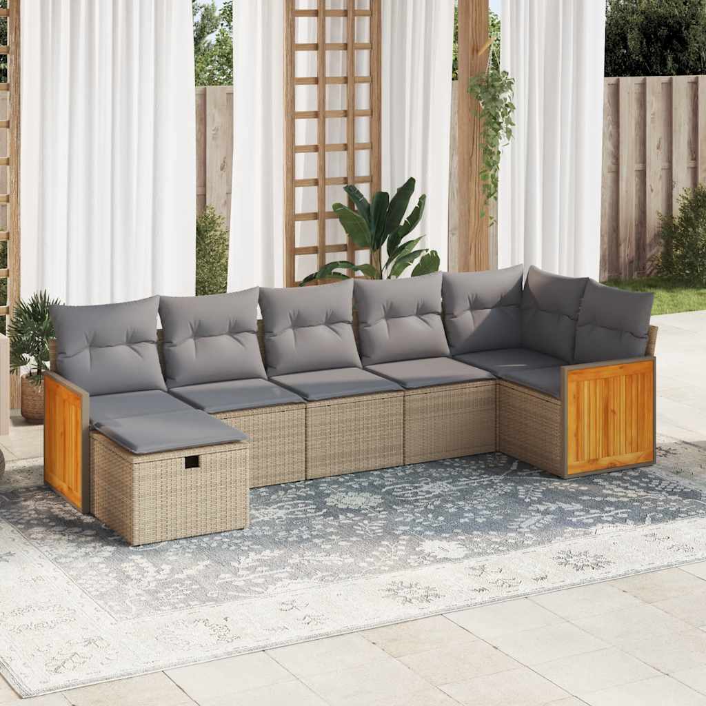 vidaXL 7-tlg. Garten-Sofagarnitur mit Kissen Beige Poly Rattan