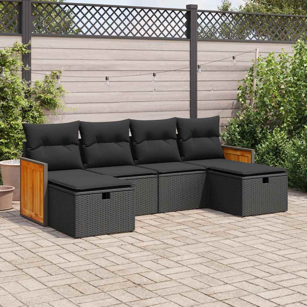 vidaXL 6-tlg. Garten-Sofagarnitur mit Kissen Schwarz Poly Rattan