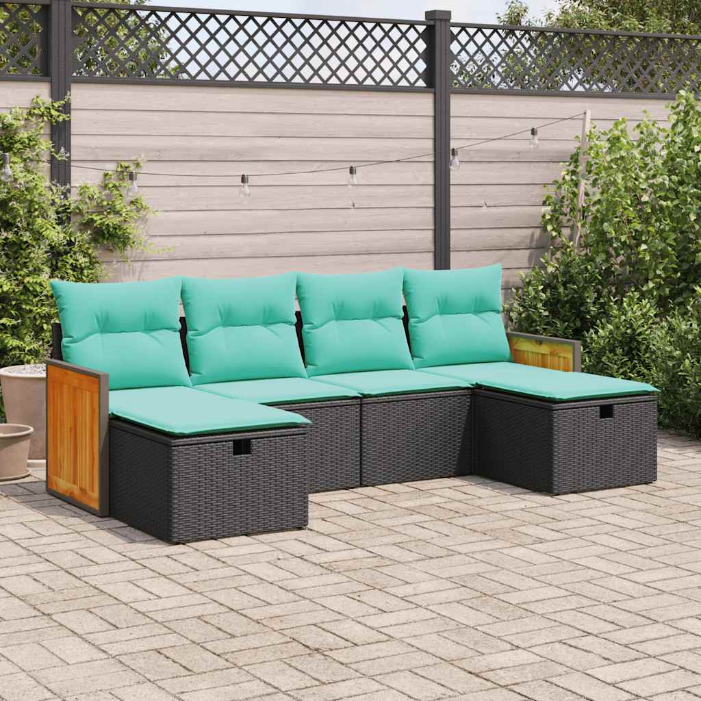 vidaXL 6-tlg. Garten-Sofagarnitur mit Kissen Schwarz Poly Rattan