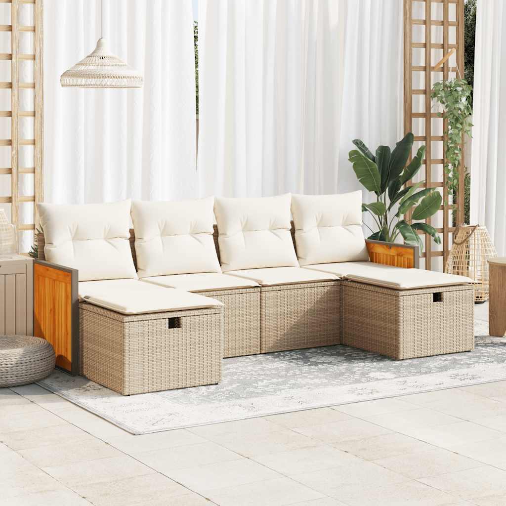 6-tlg. Garten-Sofagarnitur mit Kissen Beige Poly Rattan