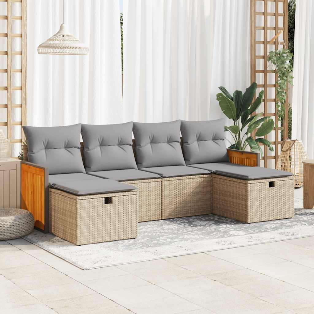 vidaXL 6-tlg. Garten-Sofagarnitur mit Kissen Beige Poly Rattan