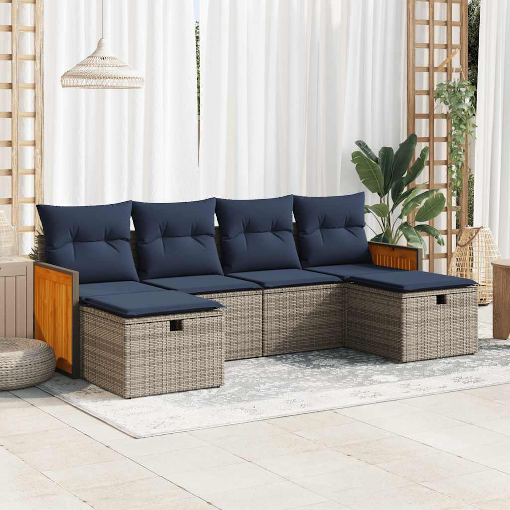 vidaXL 6-tlg. Garten-Sofagarnitur mit Kissen Grau Poly Rattan