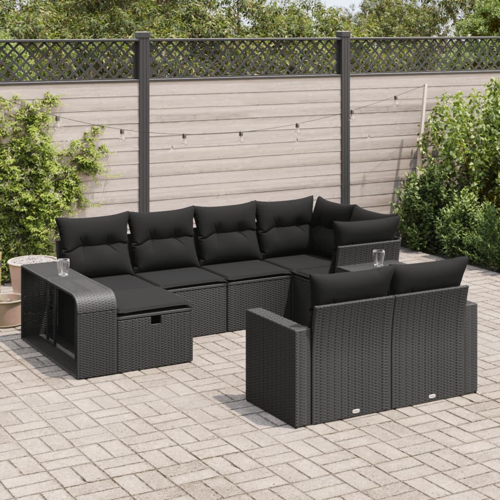 vidaXL 10-tlg. Garten-Sofagarnitur mit Kissen Schwarz Poly Rattan