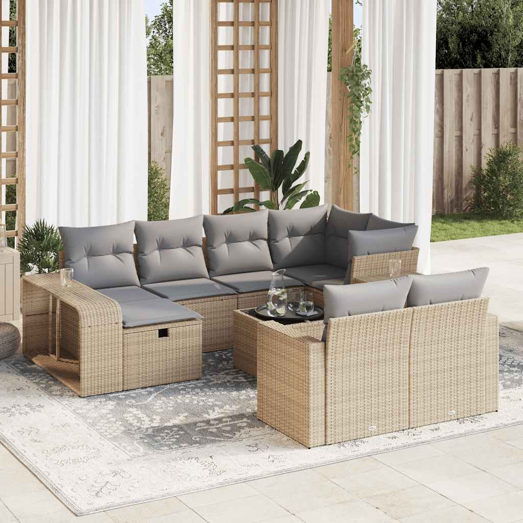 vidaXL 11-tlg. Garten-Sofagarnitur mit Kissen Beige Poly Rattan