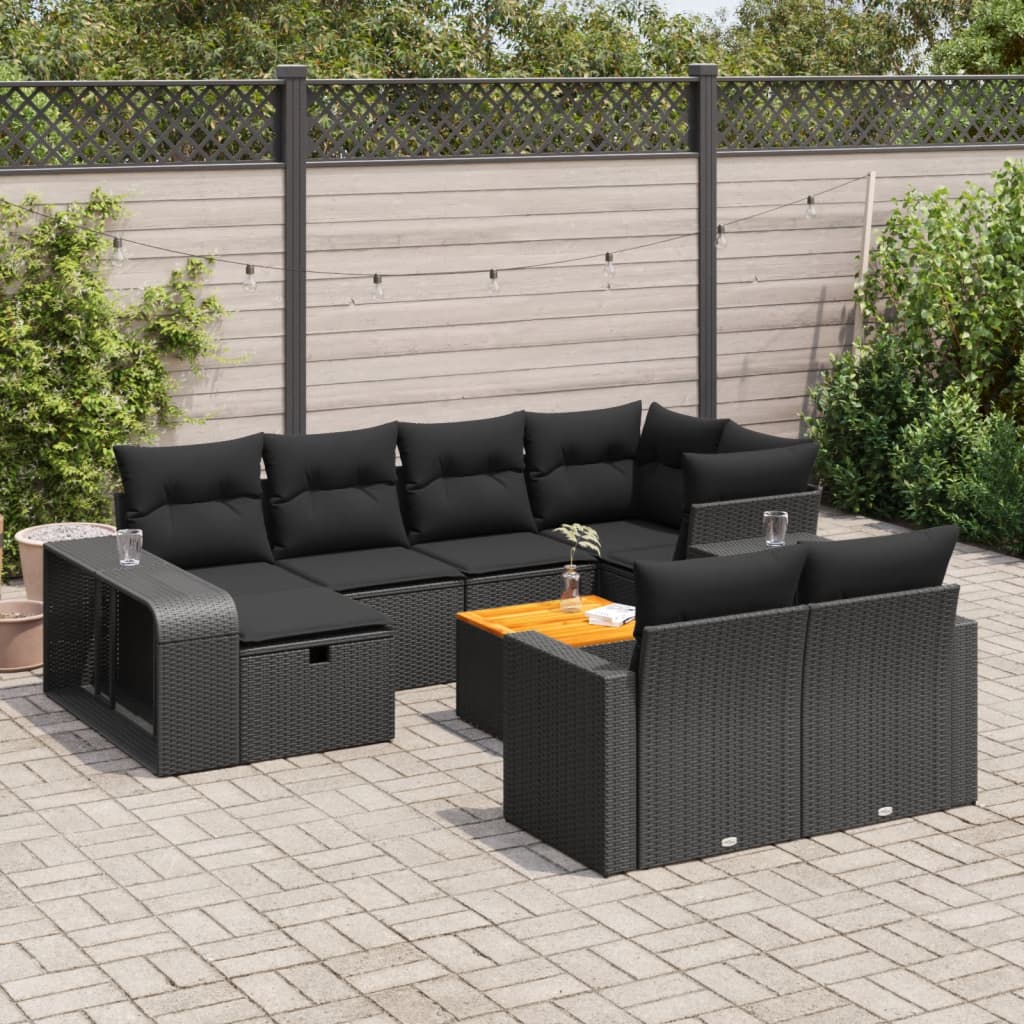 vidaXL 11-tlg. Garten-Sofagarnitur mit Kissen Schwarz Poly Rattan