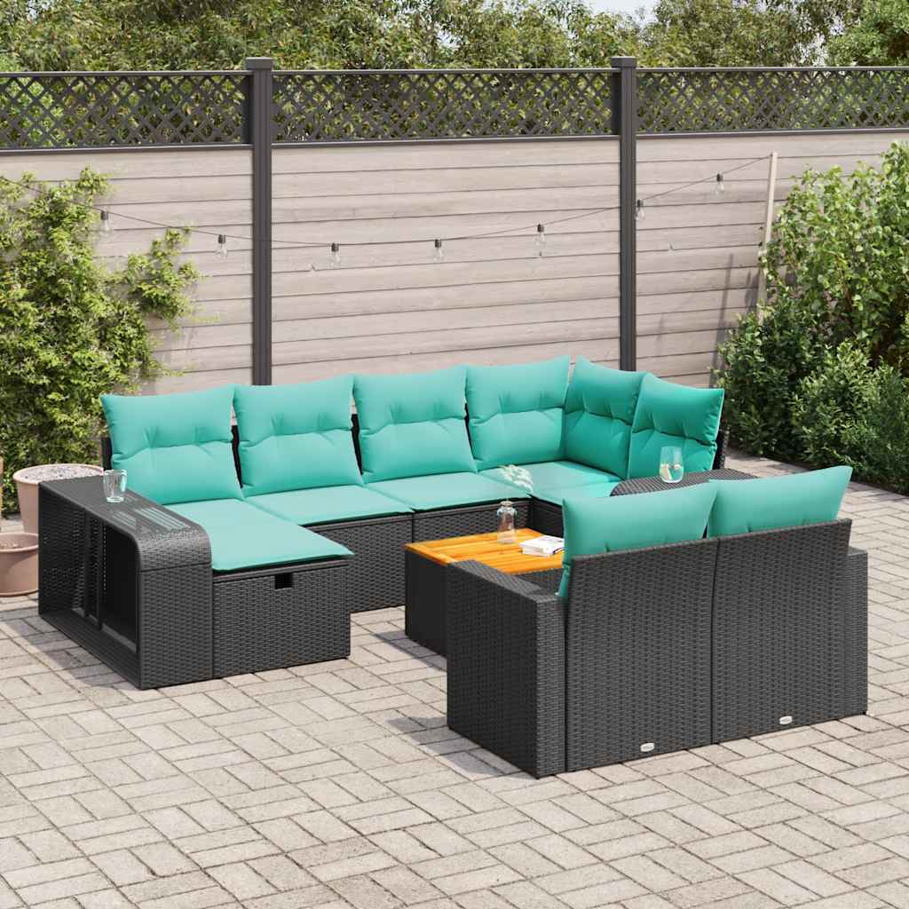 Sofasæt til haven i polyrattan - 11 dele med hynder, sort/blå
