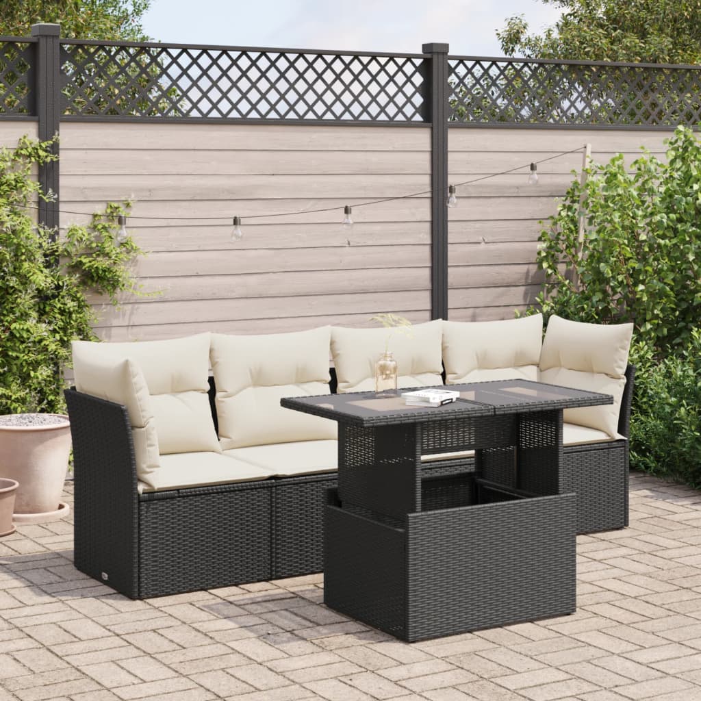 vidaXL 5-tlg. Garten-Sofagarnitur mit Kissen Schwarz Poly Rattan