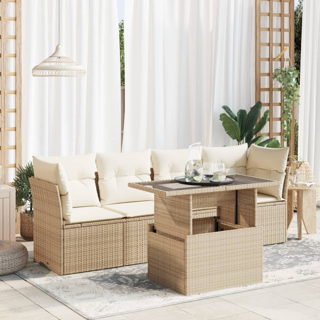 5-tlg. Garten-Sofagarnitur mit Kissen Beige Poly Rattan