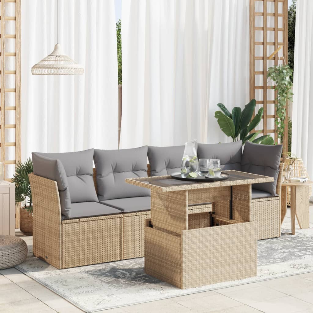 vidaXL 5-tlg. Garten-Sofagarnitur mit Kissen Beige Poly Rattan