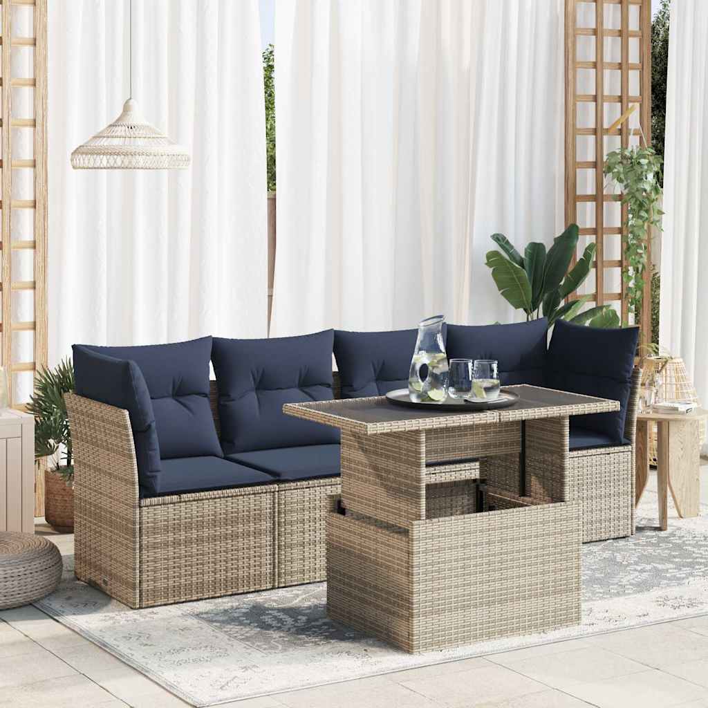 vidaXL 5-tlg. Garten-Sofagarnitur mit Kissen Grau Poly Rattan Akazie