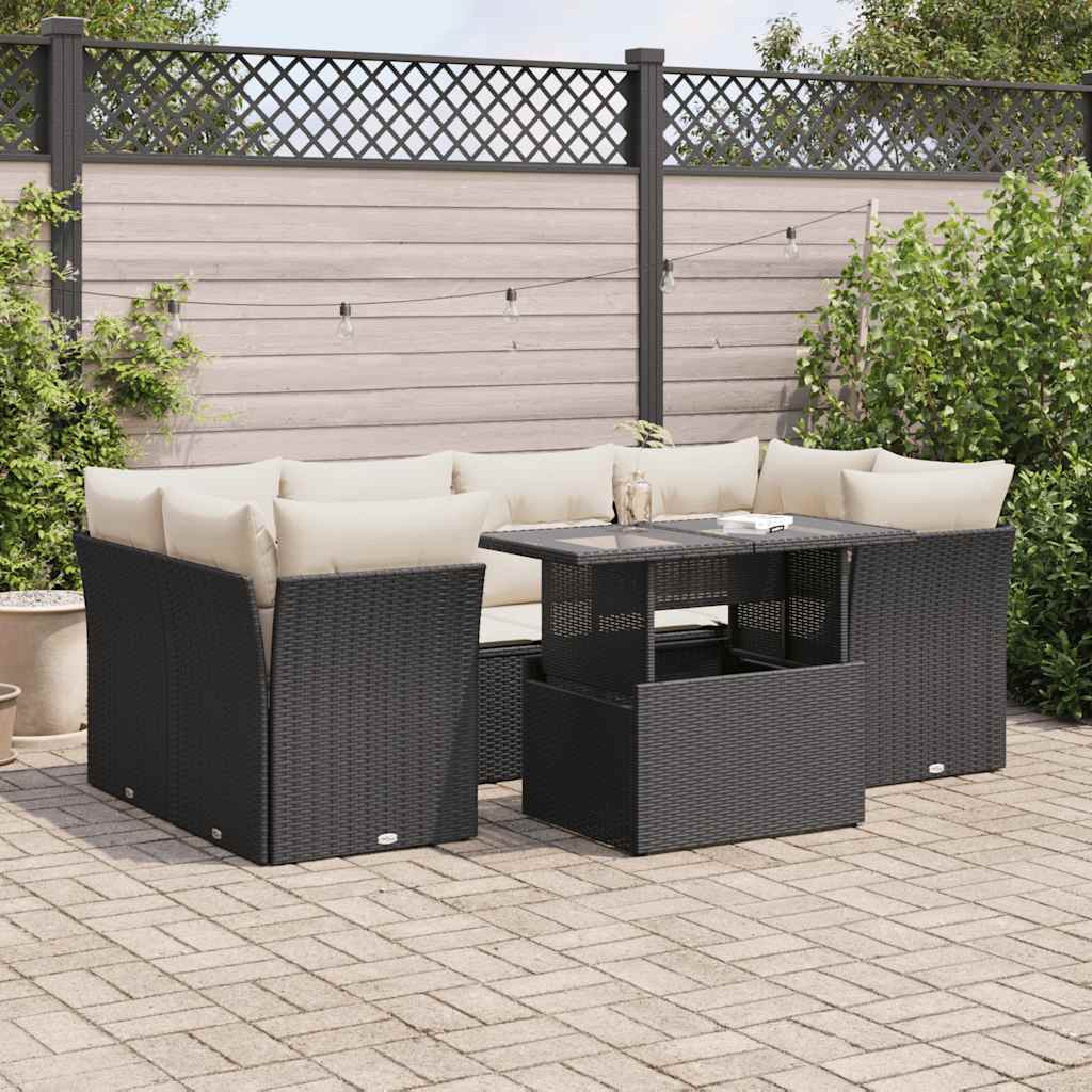 vidaXL 7-tlg. Garten-Sofagarnitur mit Kissen Schwarz Poly Rattan