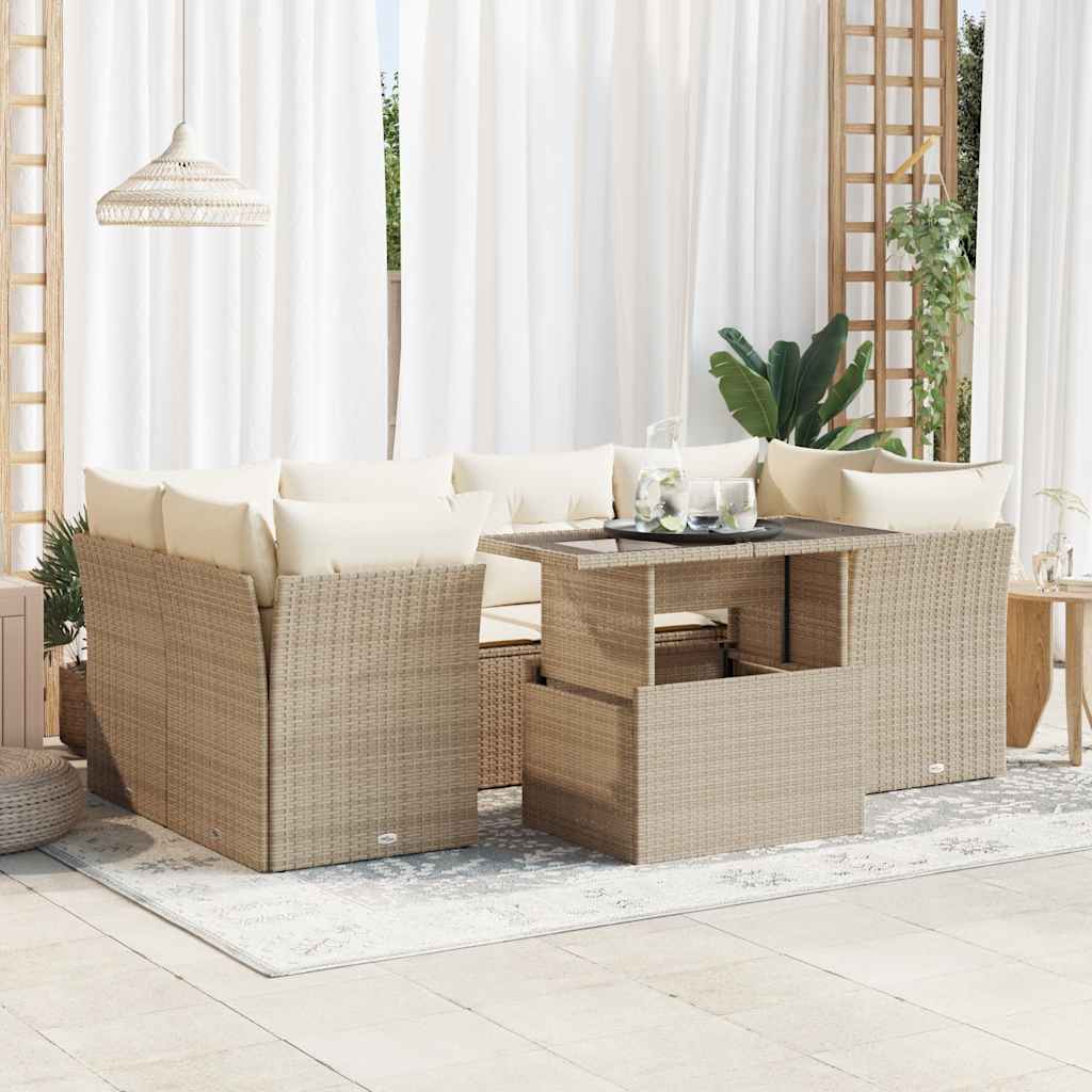 vidaXL 7-tlg. Garten-Sofagarnitur mit Kissen Beige Poly Rattan