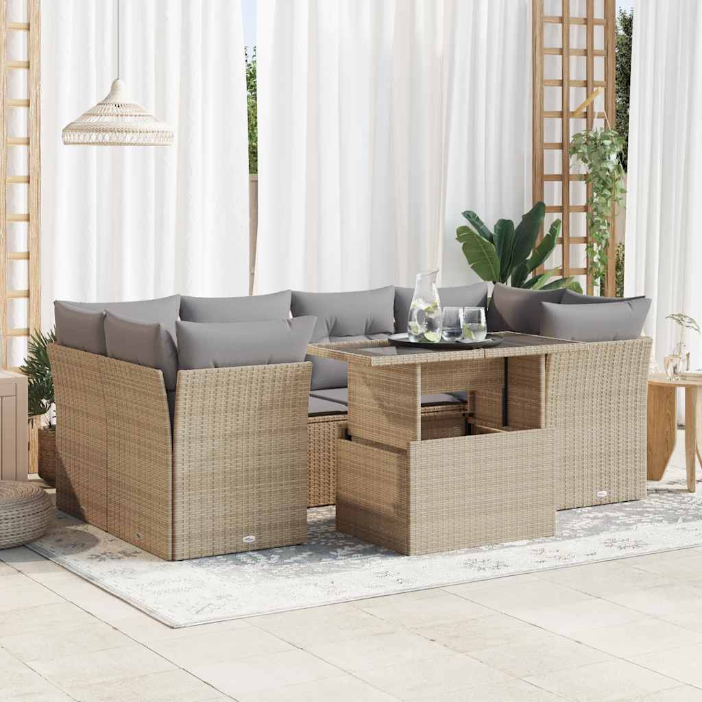 7-tlg. Garten-Sofagarnitur mit Kissen Beige Poly Rattan