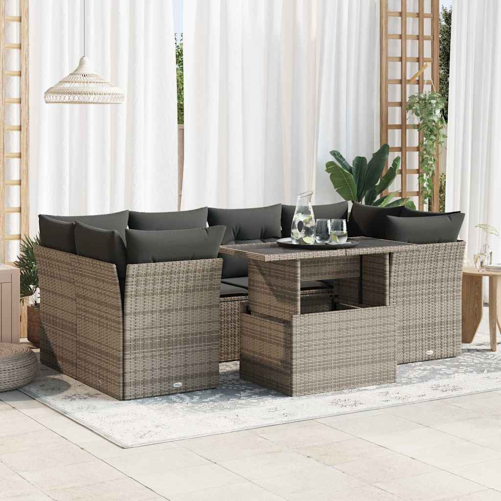 vidaXL Set canapele de grădină, 7 piese, cu perne, gri, poliratan