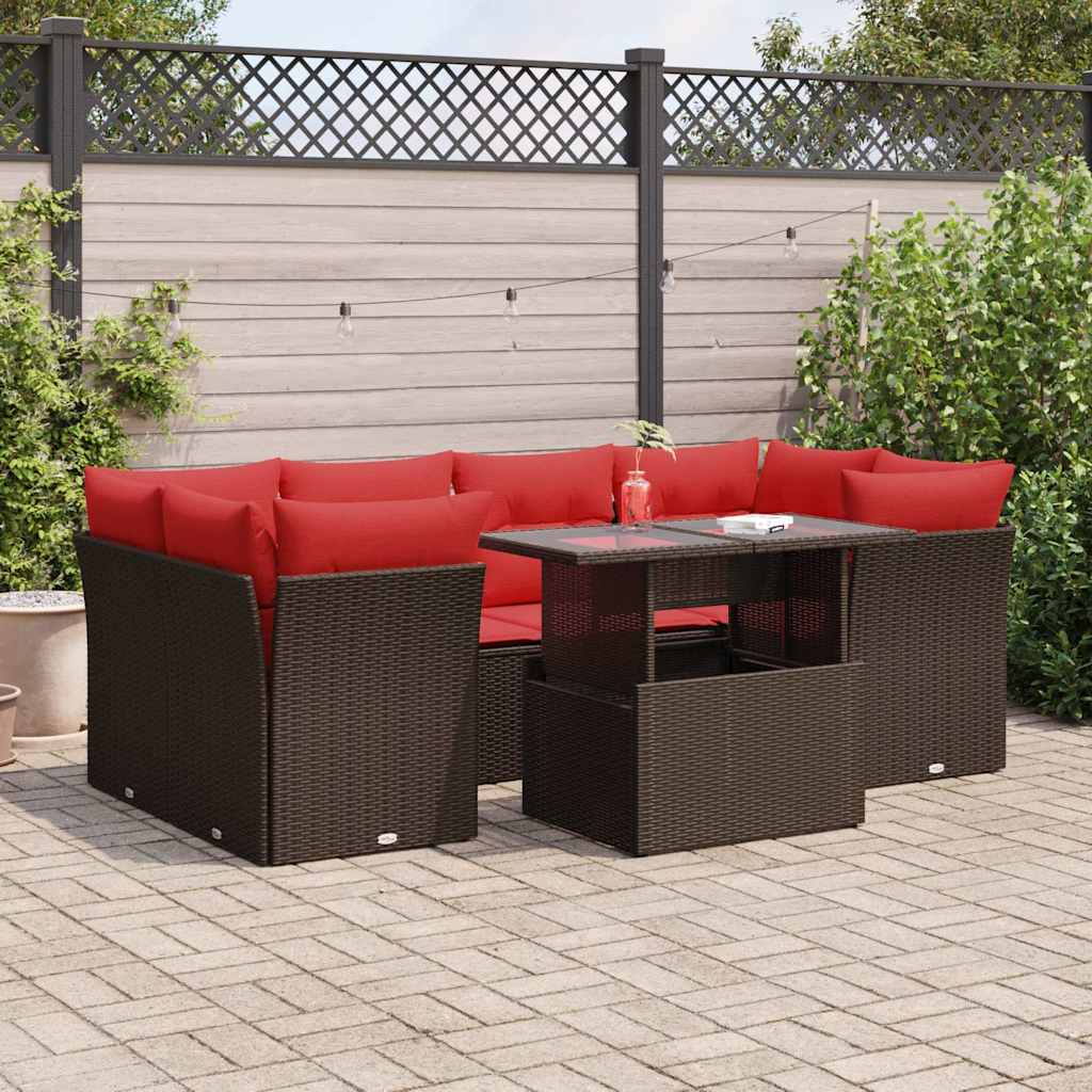 vidaXL 7-tlg. Garten-Sofagarnitur mit Kissen Braun Poly Rattan Akazie