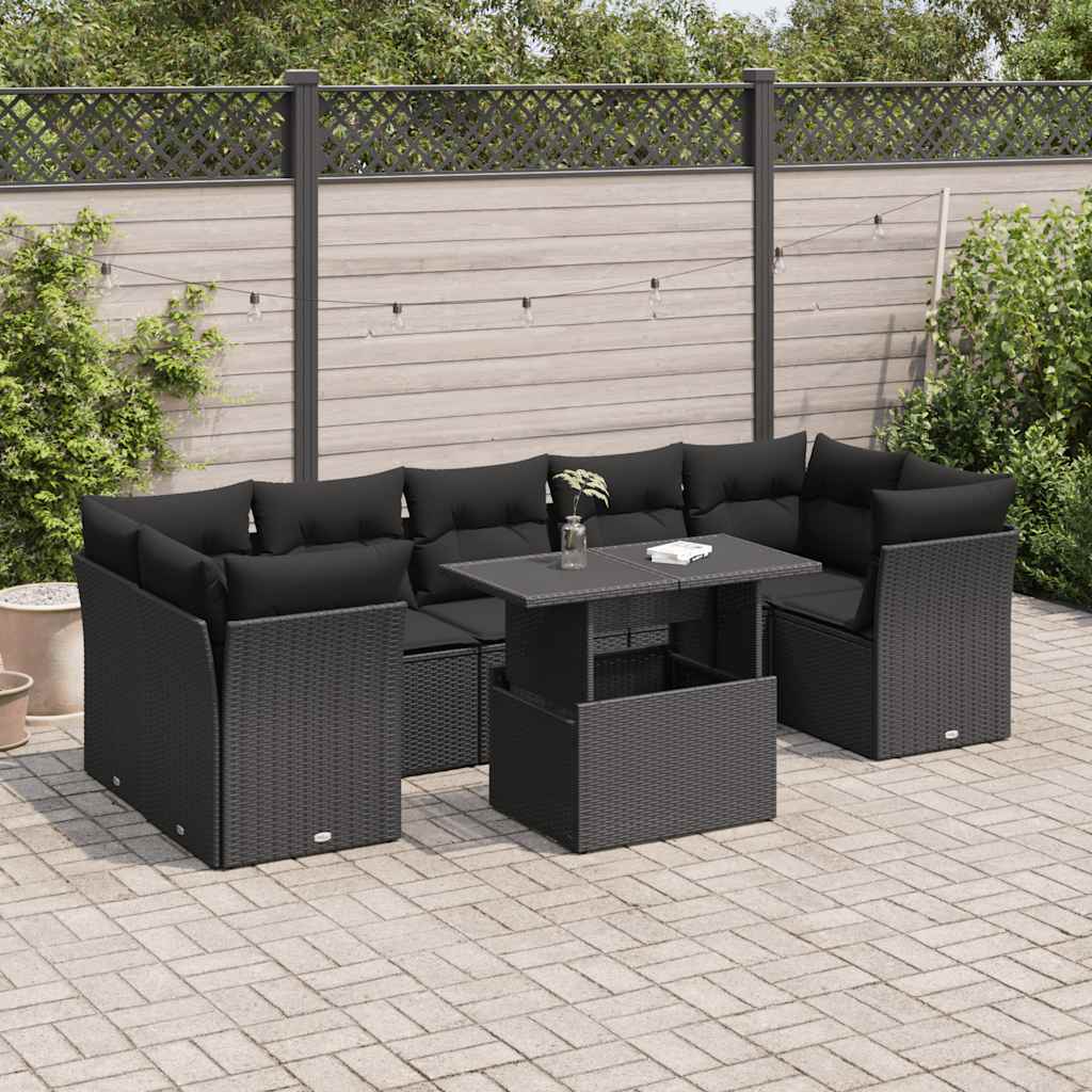 vidaXL Set mobilier de grădină cu perne, 8 piese, negru, poliratan