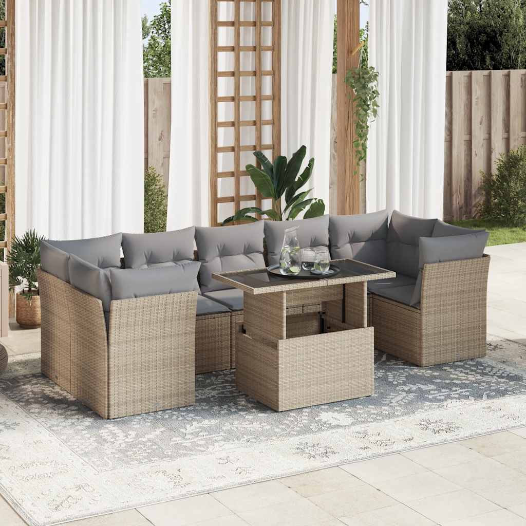 vidaXL 8-tlg. Garten-Sofagarnitur mit Kissen Beige Poly Rattan