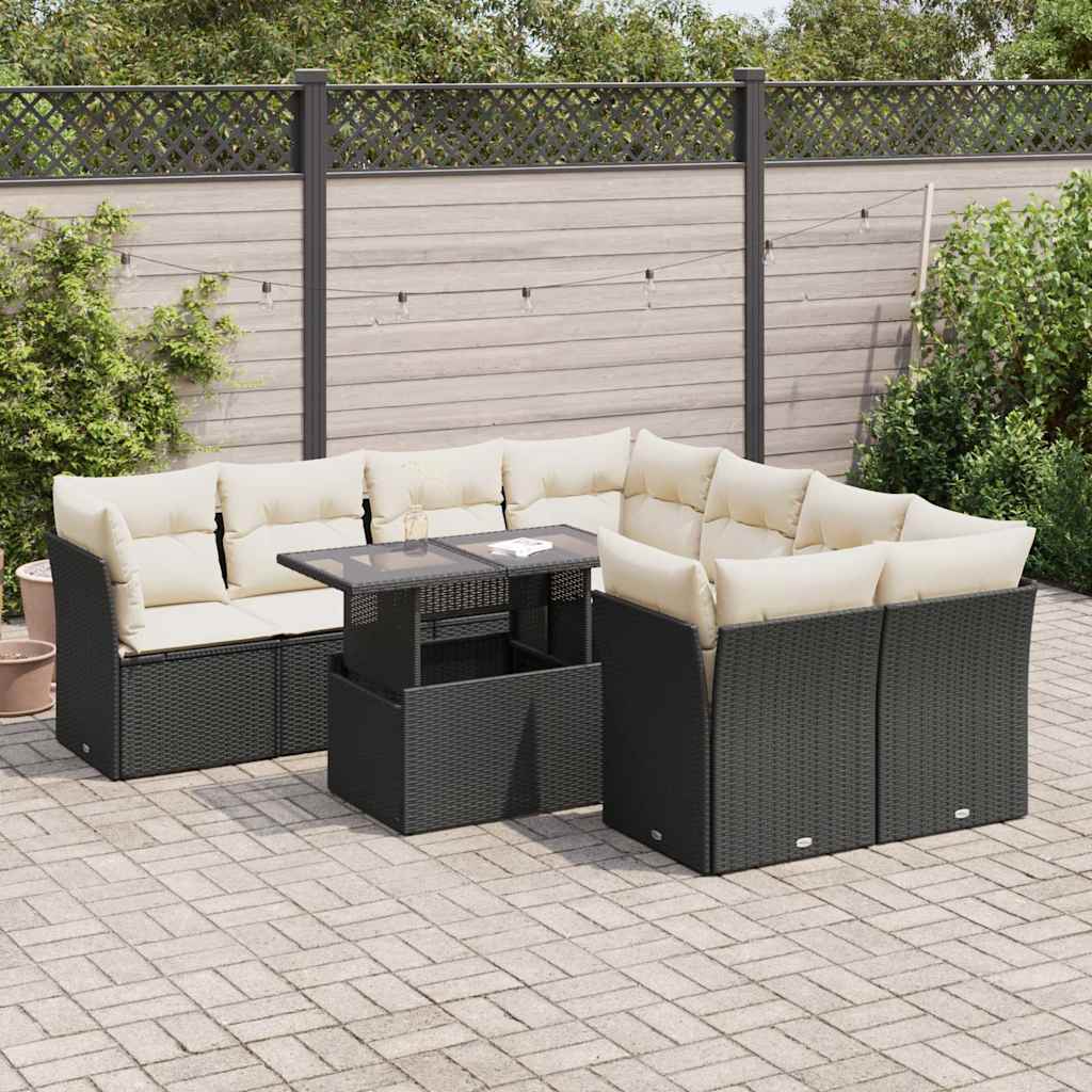 vidaXL 9-tlg. Garten-Sofagarnitur mit Kissen Schwarz Poly Rattan