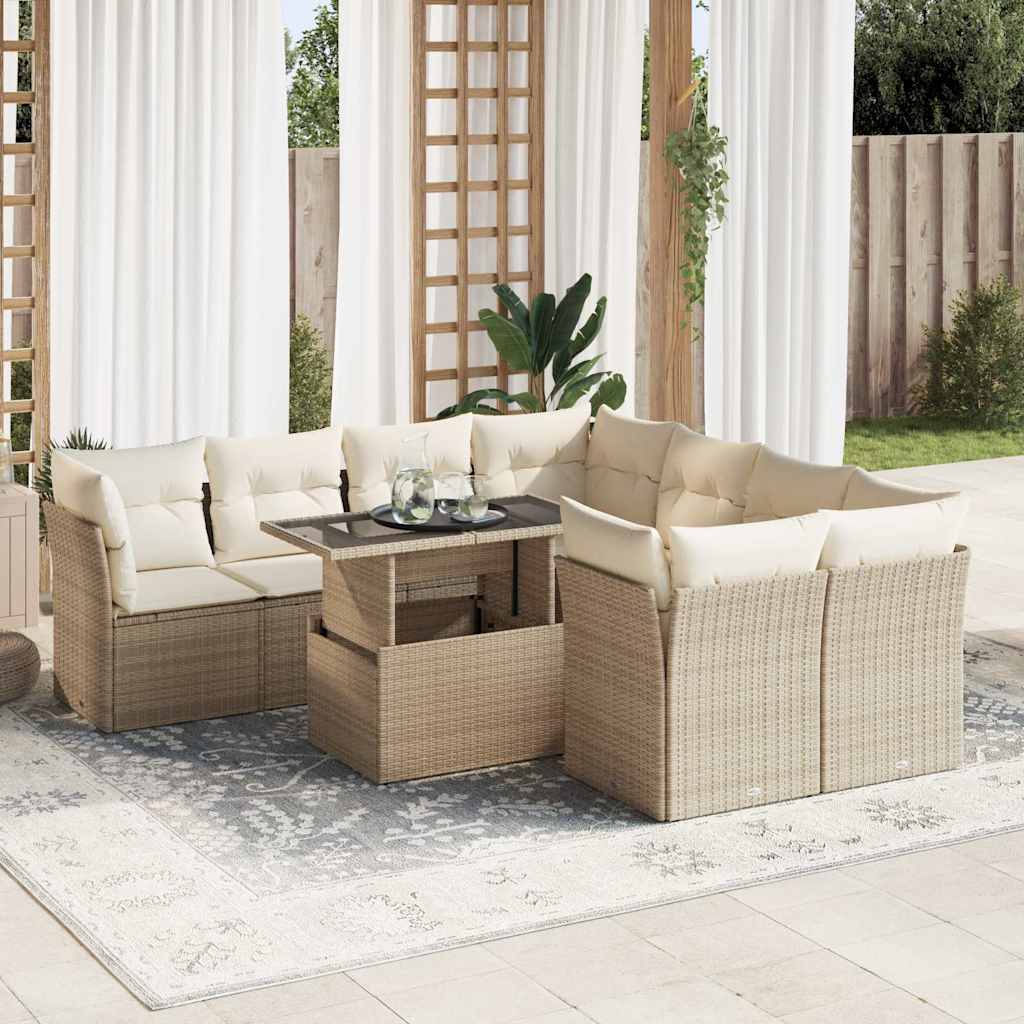 vidaXL 9-tlg. Garten-Sofagarnitur mit Kissen Beige Poly Rattan