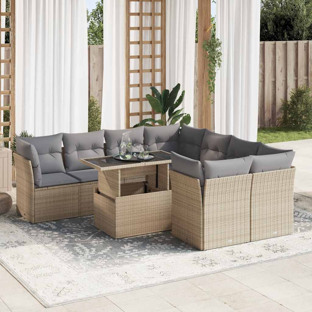 vidaXL Set canapele de grădină, 9 piese, cu perne, bej, poliratan