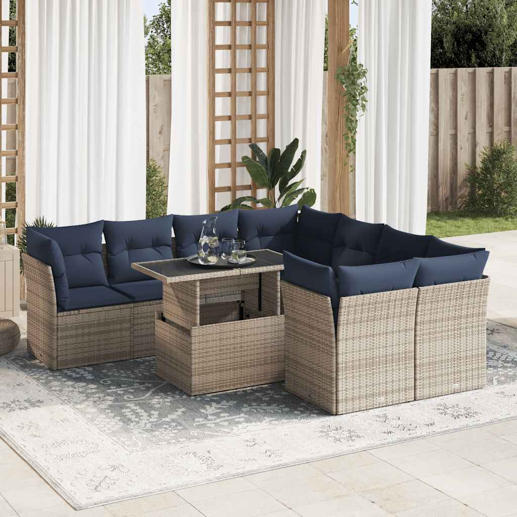 vidaXL 9-tlg. Garten-Sofagarnitur mit Kissen Grau Poly Rattan Akazie